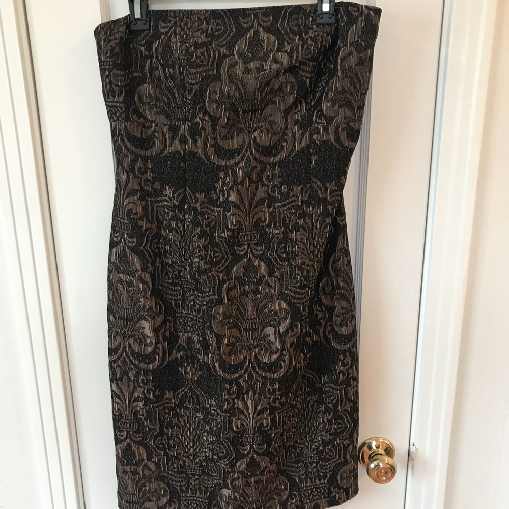 Bronze brocade strapless cocktail dress